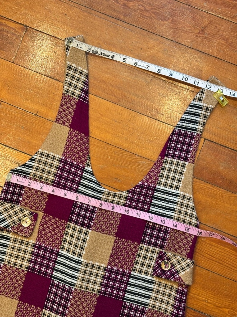 Vintage Plaid Pinafore Dress in Burgundy and Mustard Mini Size M - Picture 7 of 8